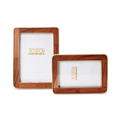 Wood Rounded Edge with Brass Photo Frames, Set of 2