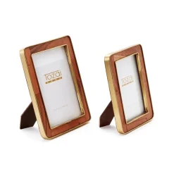 Wood Rounded Edge with Brass Photo Frames, Set of 2