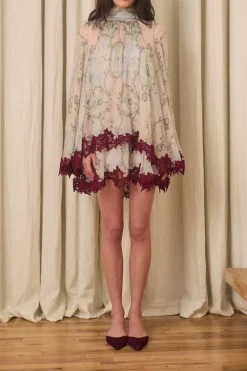 Wylie Scarf Dress in Printed Crinkled Chiffon with Mohair Lace Trim