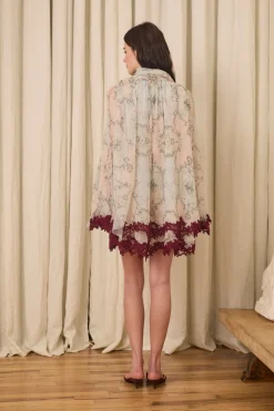 Wylie Scarf Dress in Printed Crinkled Chiffon with Mohair Lace Trim