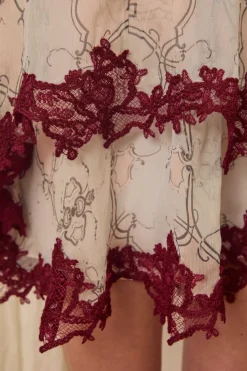 Wylie Scarf Dress in Printed Crinkled Chiffon with Mohair Lace Trim