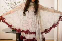 Wylie Scarf Dress in Printed Crinkled Chiffon with Mohair Lace Trim