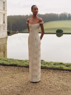 Yolanda Wavy Gold Brocade Gown