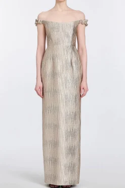 Yolanda Wavy Gold Brocade Gown