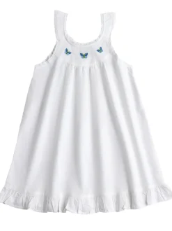 Zoe White Cotton Dress with Blue Butterfly Embroidery