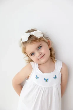 Zoe White Cotton Dress with Blue Butterfly Embroidery