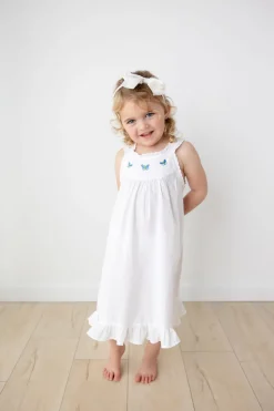 Zoe White Cotton Dress with Blue Butterfly Embroidery