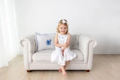 Zoe White Cotton Dress with Blue Butterfly Embroidery