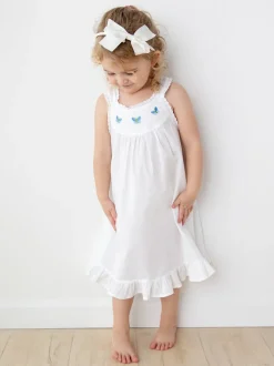 Zoe White Cotton Dress with Blue Butterfly Embroidery