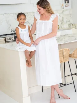 Zoe White Cotton Dress with Blue Butterfly Embroidery